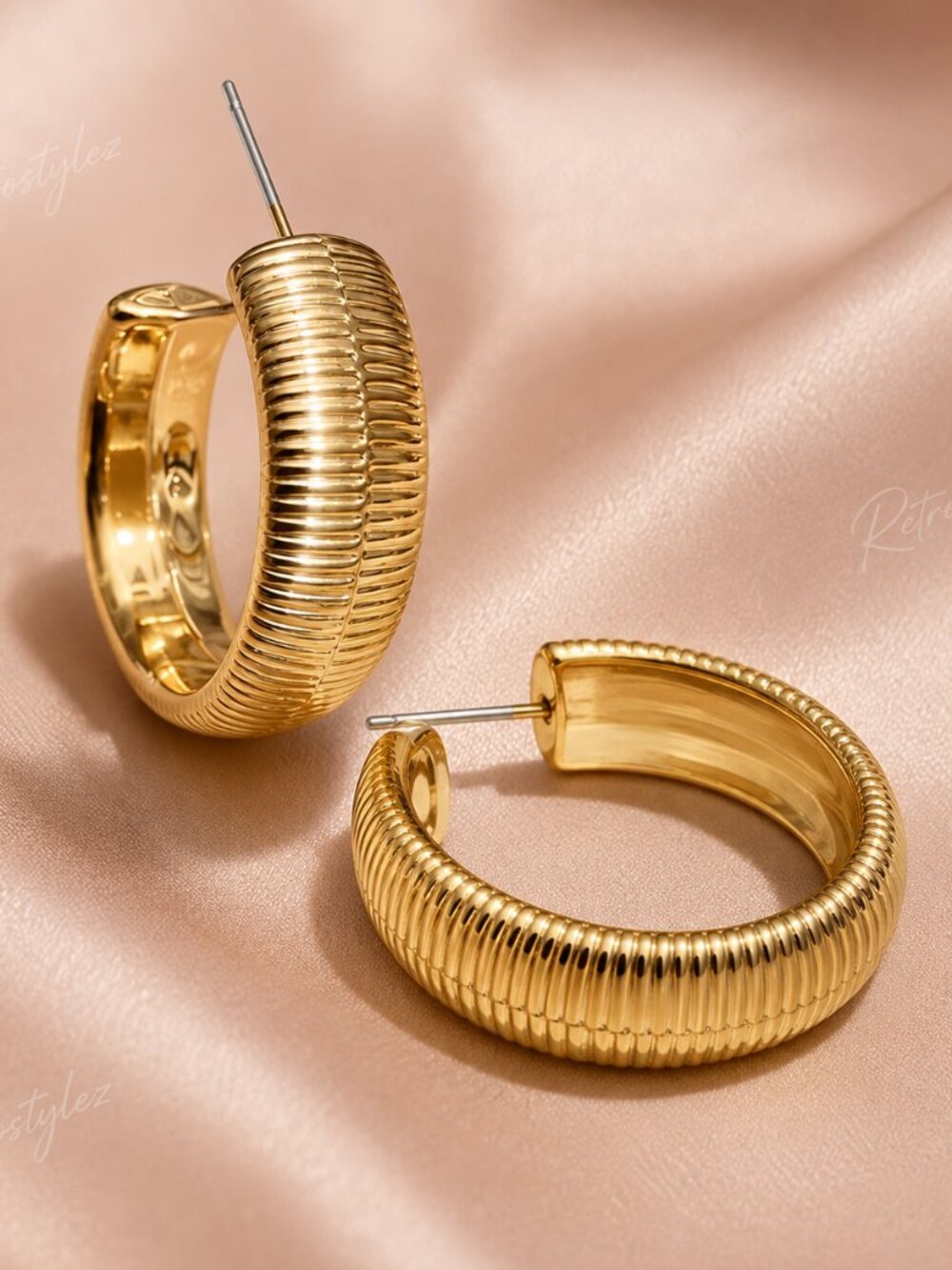14K Gold Womes 1.25" Large Chunky Rippled Hoop Earrings New 14 K Silver Jewelry
